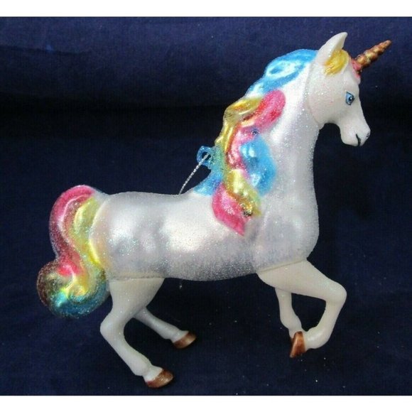 Unicorn Horse Rainbow Tail Mane Glitter Mercury Style Blown Glass Ornament New - Picture 1 of 11